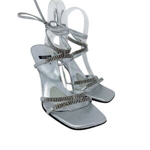 NWOB Stuart Weitzman Metallic Silver Strappy Stiletto Heels w Rhinestones Size 9